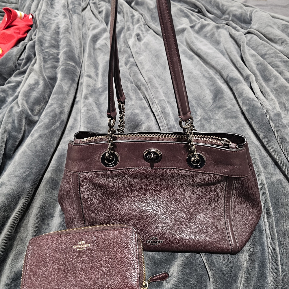 Coach Pebbled Leather Shoulder Bag and Wallet in Plum